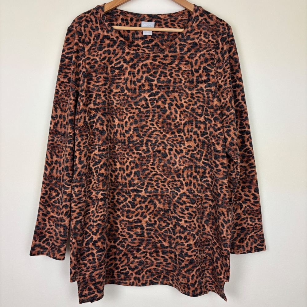 Chico’s Womens Tunic Top Size 2 (Large) Leopard Cheetah‎ Fall Work Casual